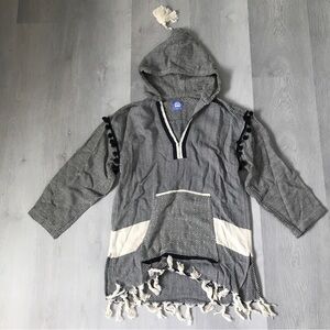 WOMENS BOHO FRIBGE POMPOM HOODED PULLOVER OVERSIZE TUNIC WOMENS SMALL